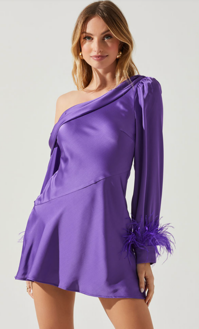 Purple One Shoulder Long Sleeve Feather Dress by ASTR the label