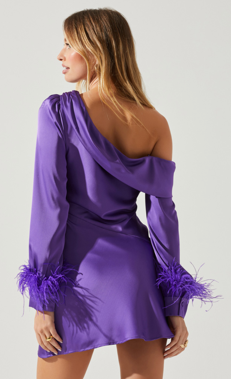 Purple One Shoulder Long Sleeve Feather Dress by ASTR the label