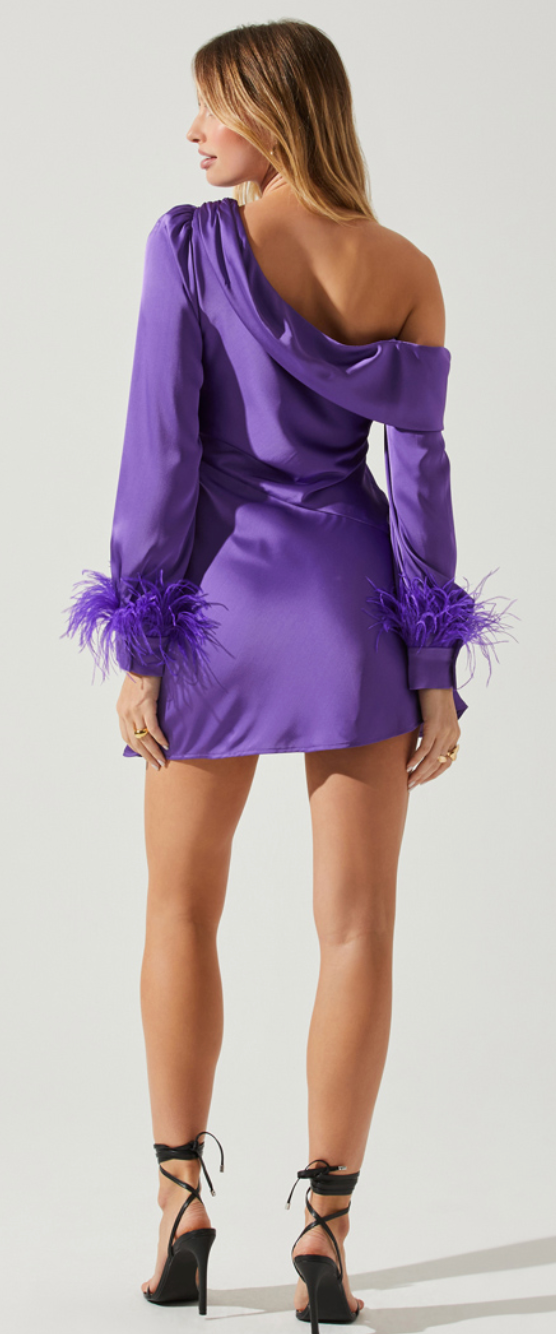 Purple One Shoulder Long Sleeve Feather Dress by ASTR the label
